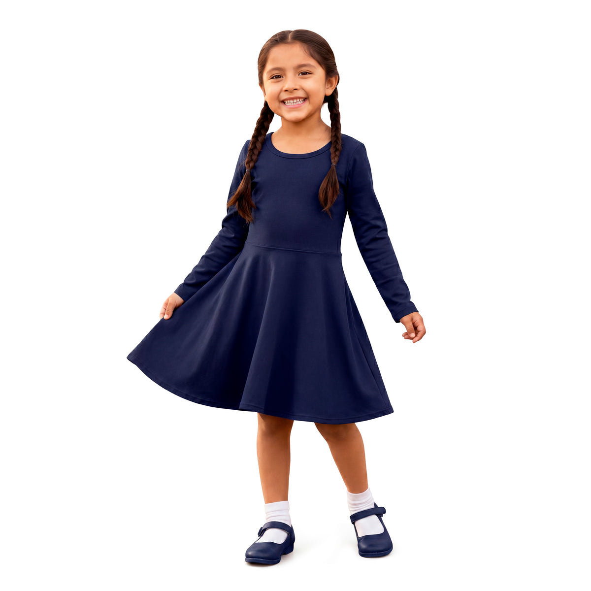 Girls Soft 100% Cotton Jersey Long Sleeve Twirly Dress | Navy
