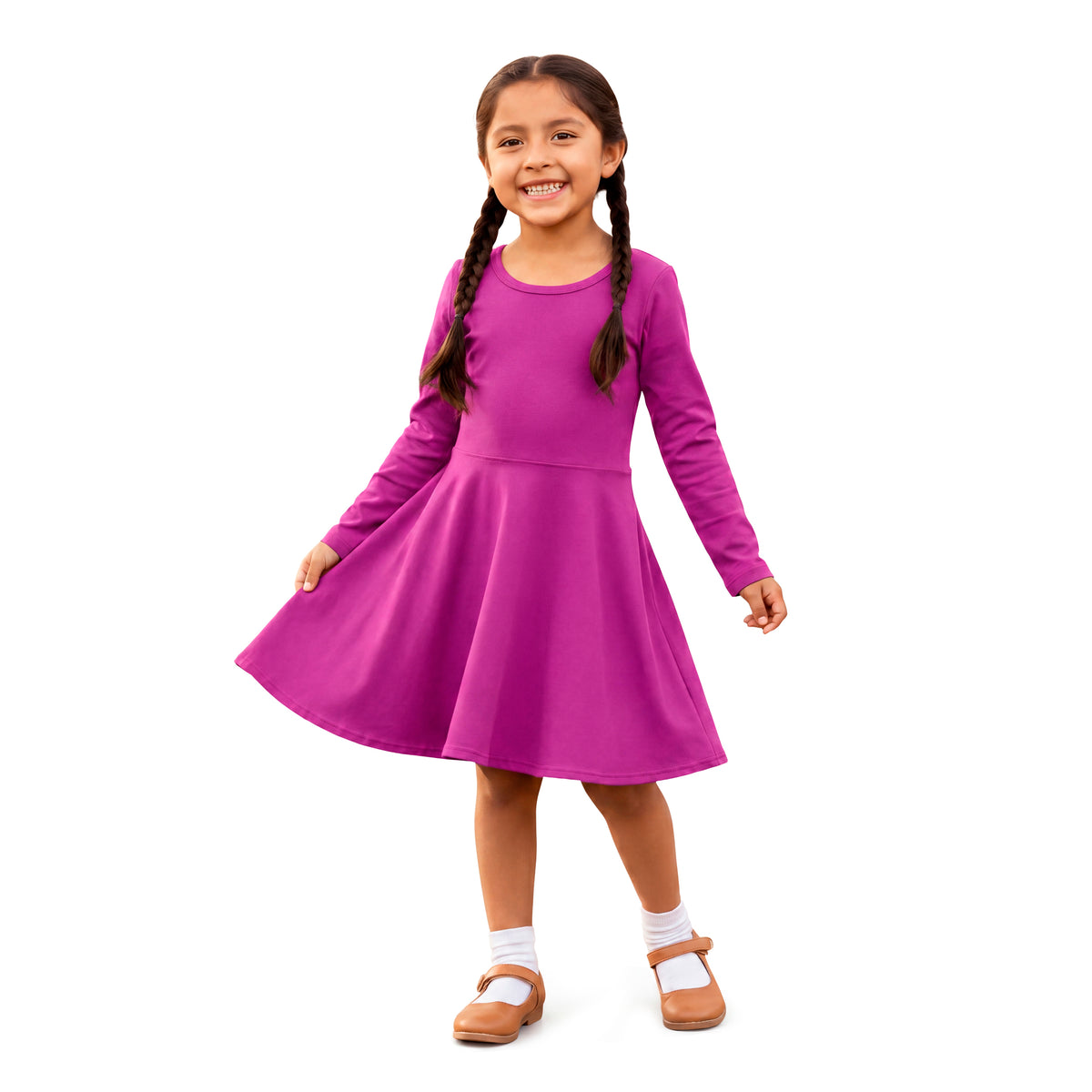 Girls Soft 100% Cotton Jersey Long Sleeve Twirly Dress | Plum
