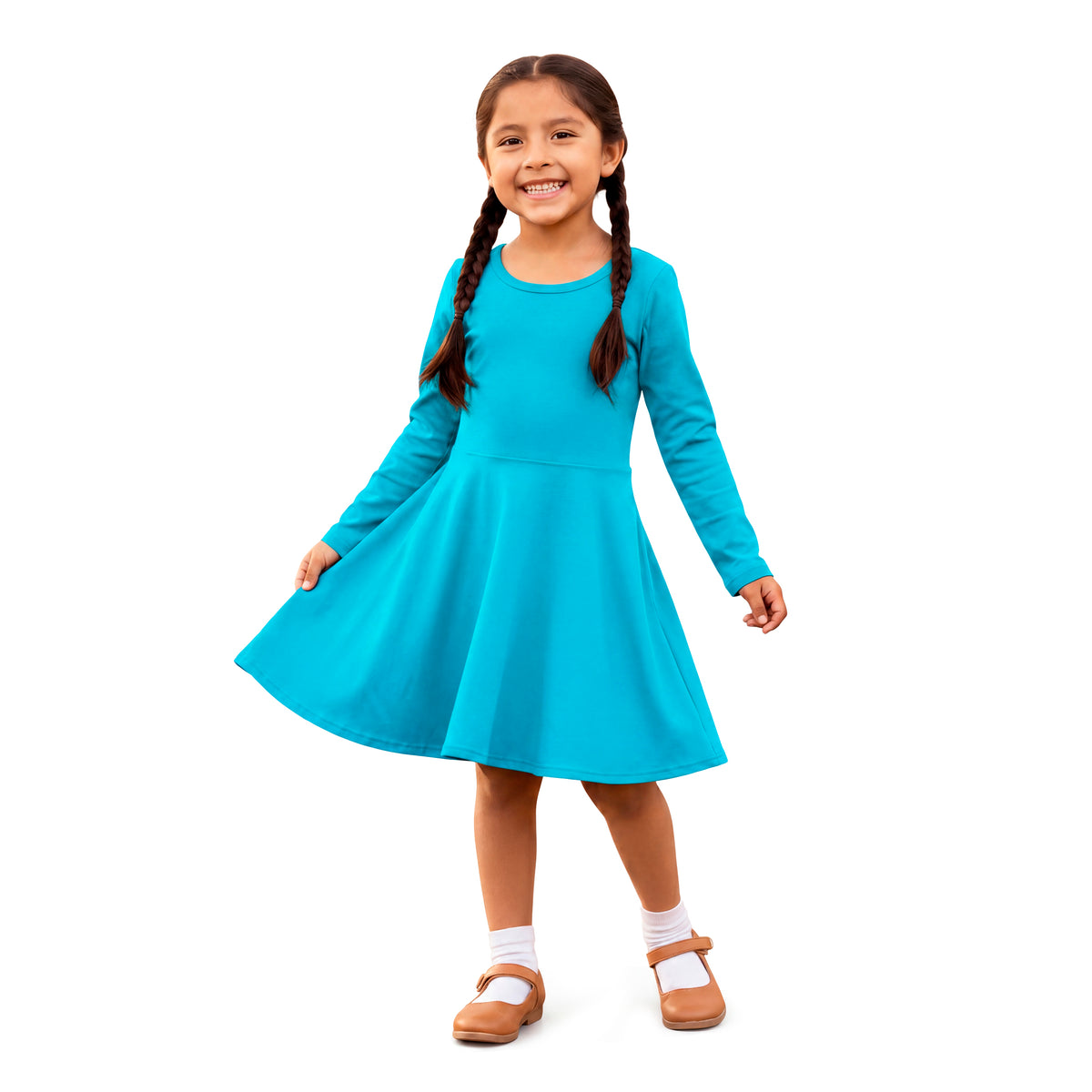 Girls Soft 100% Cotton Jersey Long Sleeve Twirly Dress | Turquoise