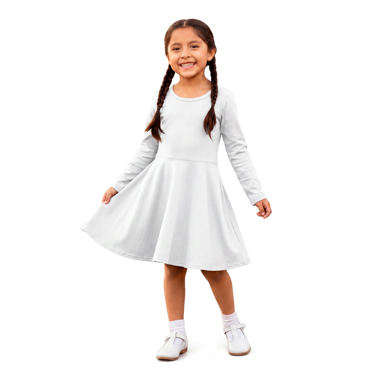 Girls Soft 100% Cotton Jersey Long Sleeve Twirly Dress | White