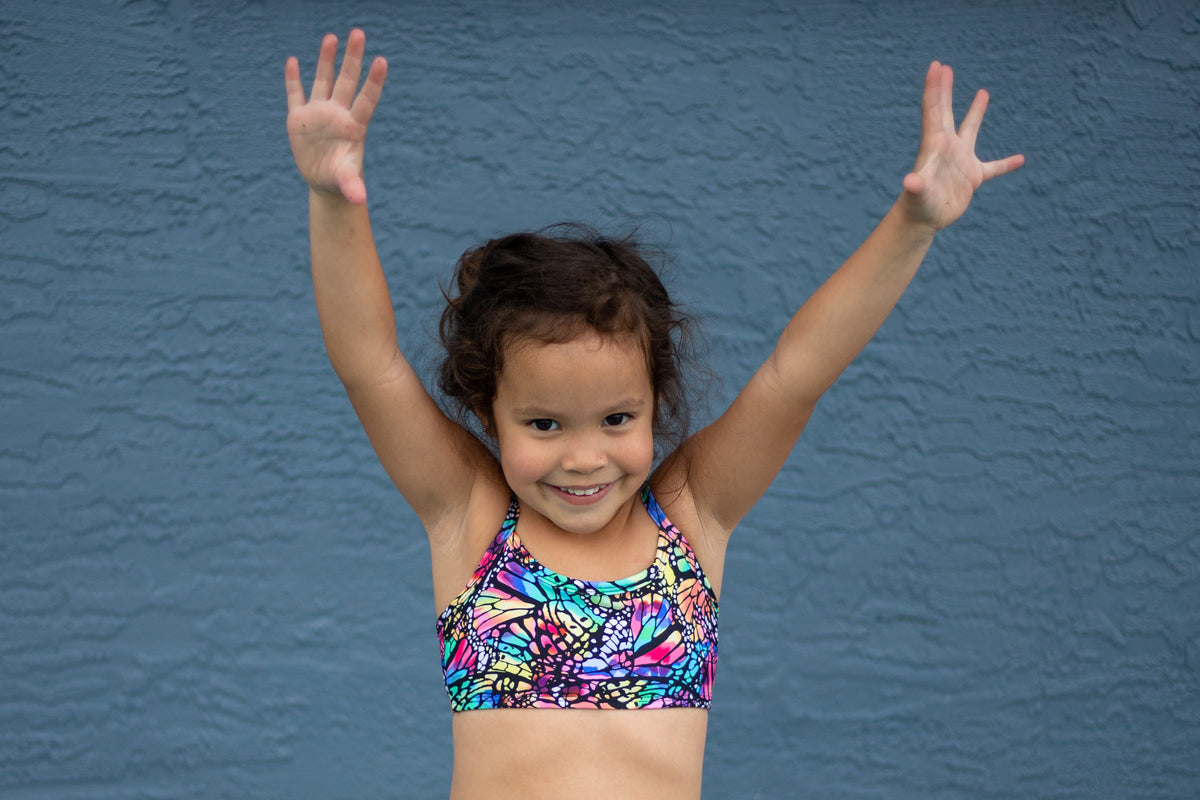 Girls UPF 50+ Printed Bikini Swim Top  | Navy w- White Polka Dot