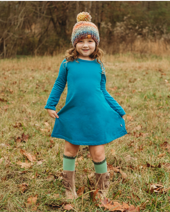 Girls Lightweight Soft Cotton Fleece A Line Dress Navy City