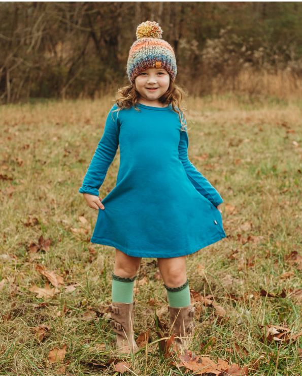 Girls Lightweight Soft Cotton Fleece A-Line Dress| Teal