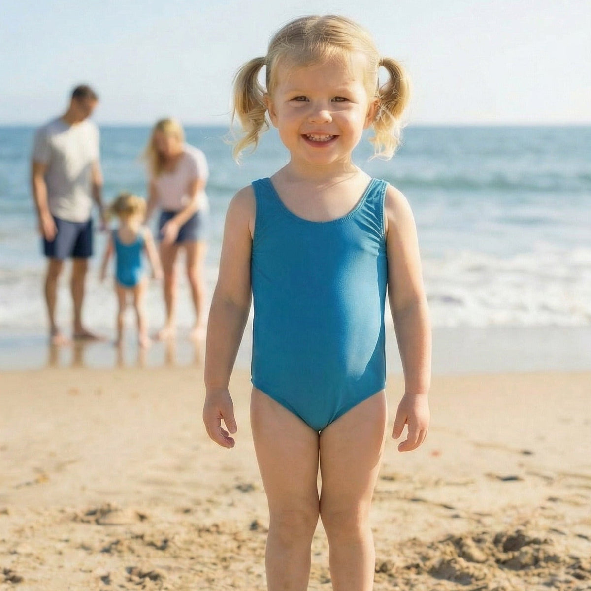 Child in a blue swimsuit standing on a beach with a family in the background.