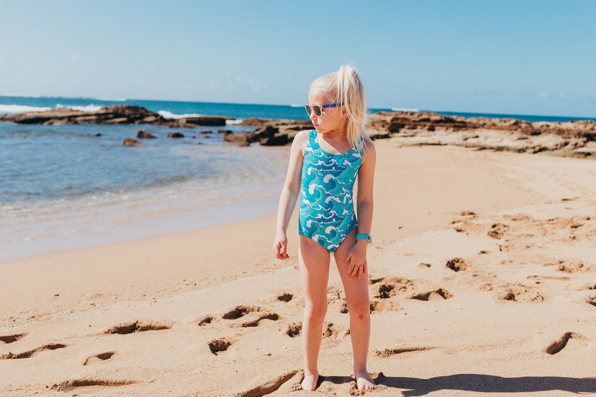 Girls UPF 50+ One Piece Swimsuit | Turquoise w- White Polka Dot