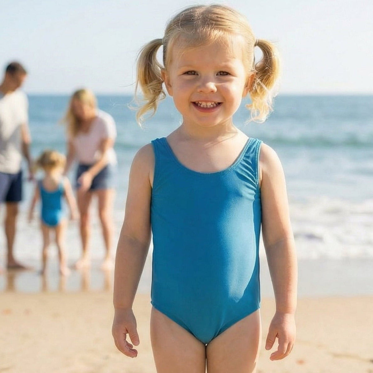 Child in a blue swimsuit standing on a sandy beach with a family in the background.