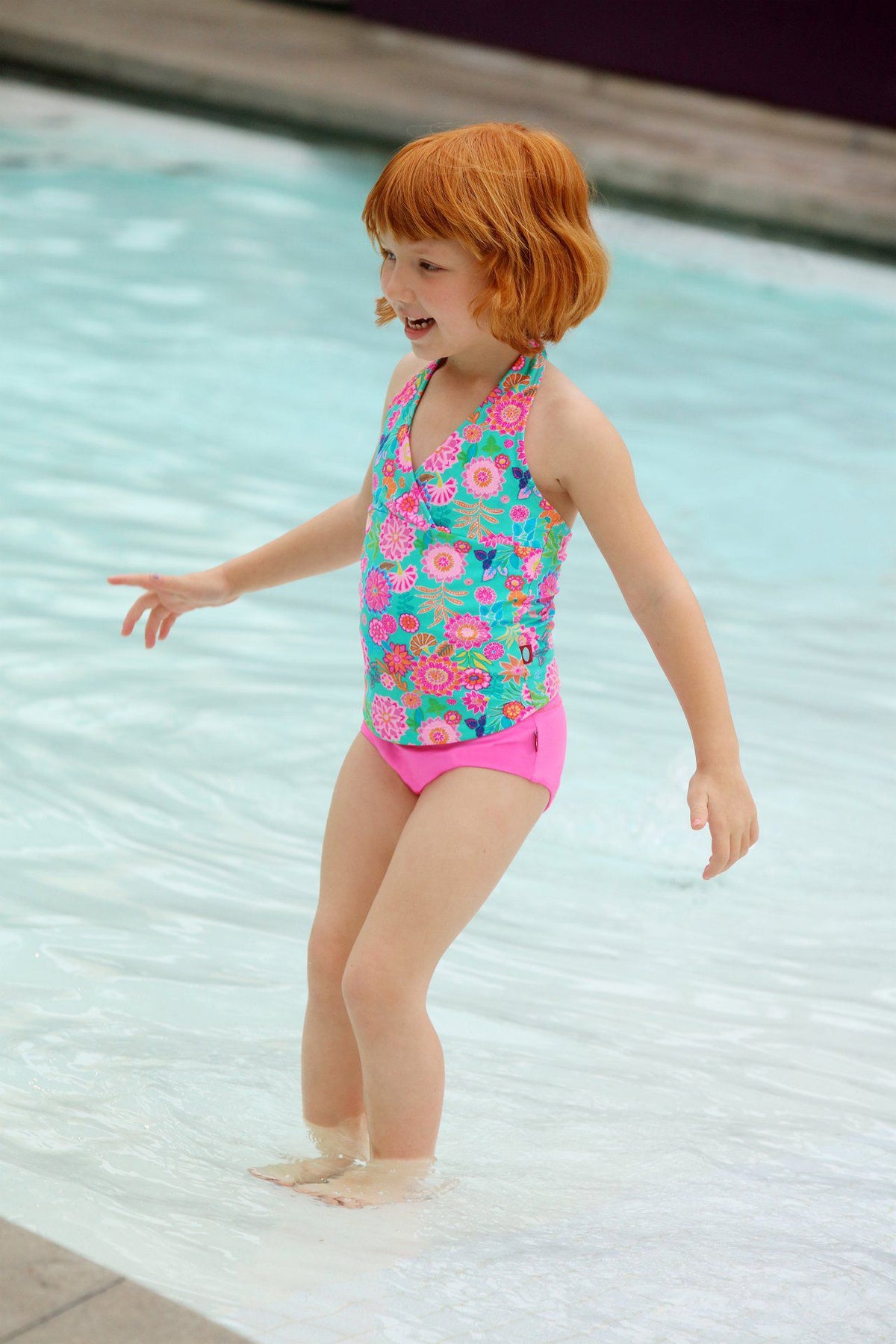 Girls UPF 50+ Printed Swim Halter Top | Leopard Monochrome