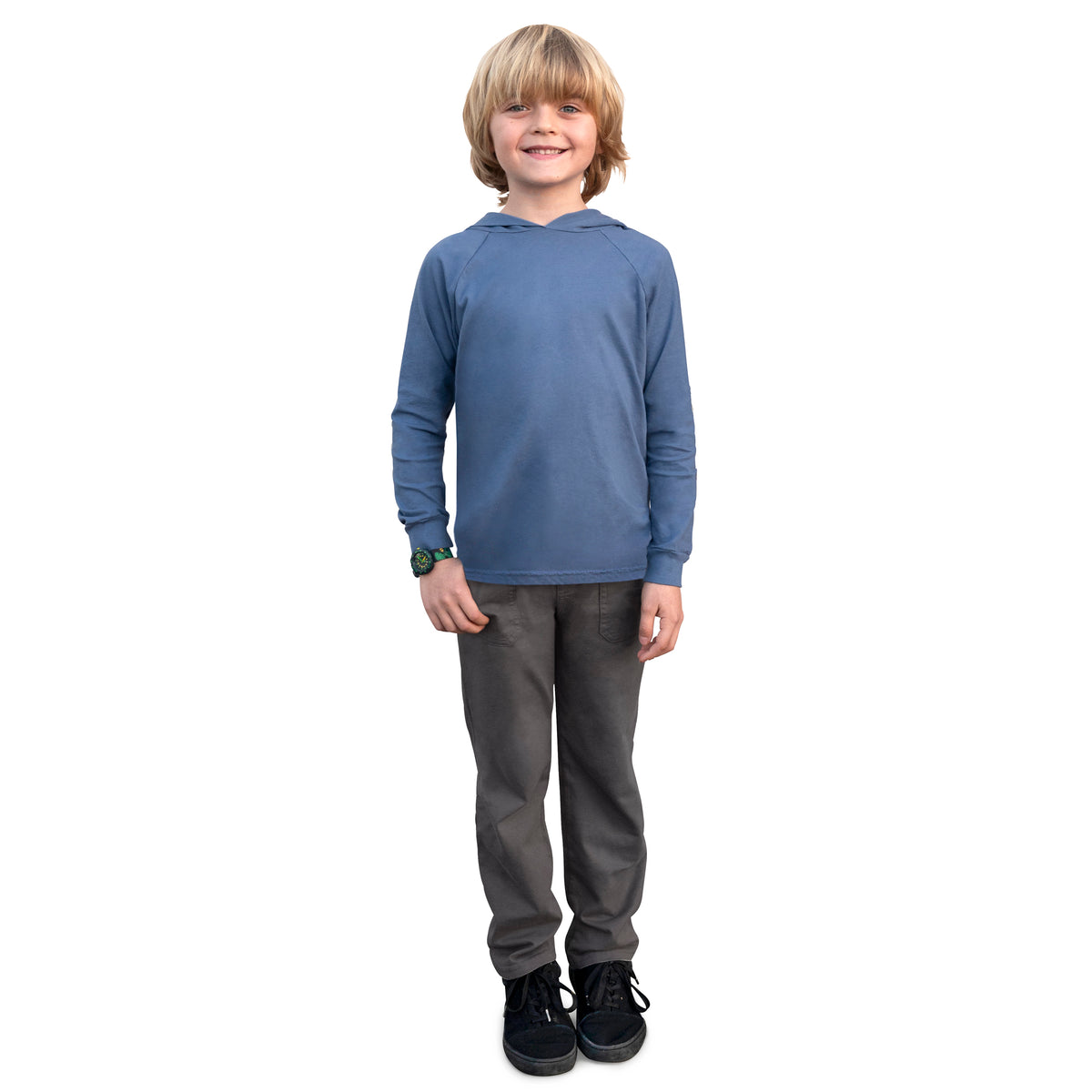 Boys Soft 100% Cotton Medium-Weight Long Sleeve Hooded Tee With Cuffs | Concrete
