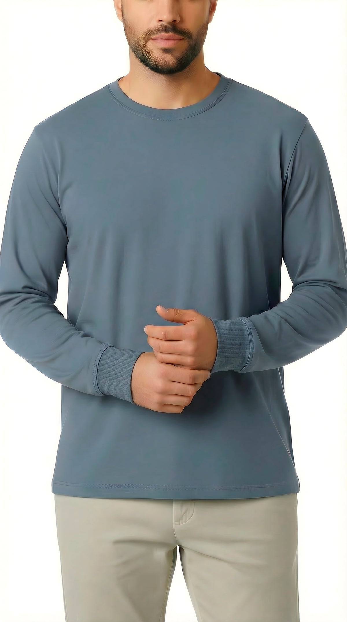 Men's Soft 100% Cotton Medium-Weight Long Sleeve Crew Tee With Cuffs | Denim Blue
