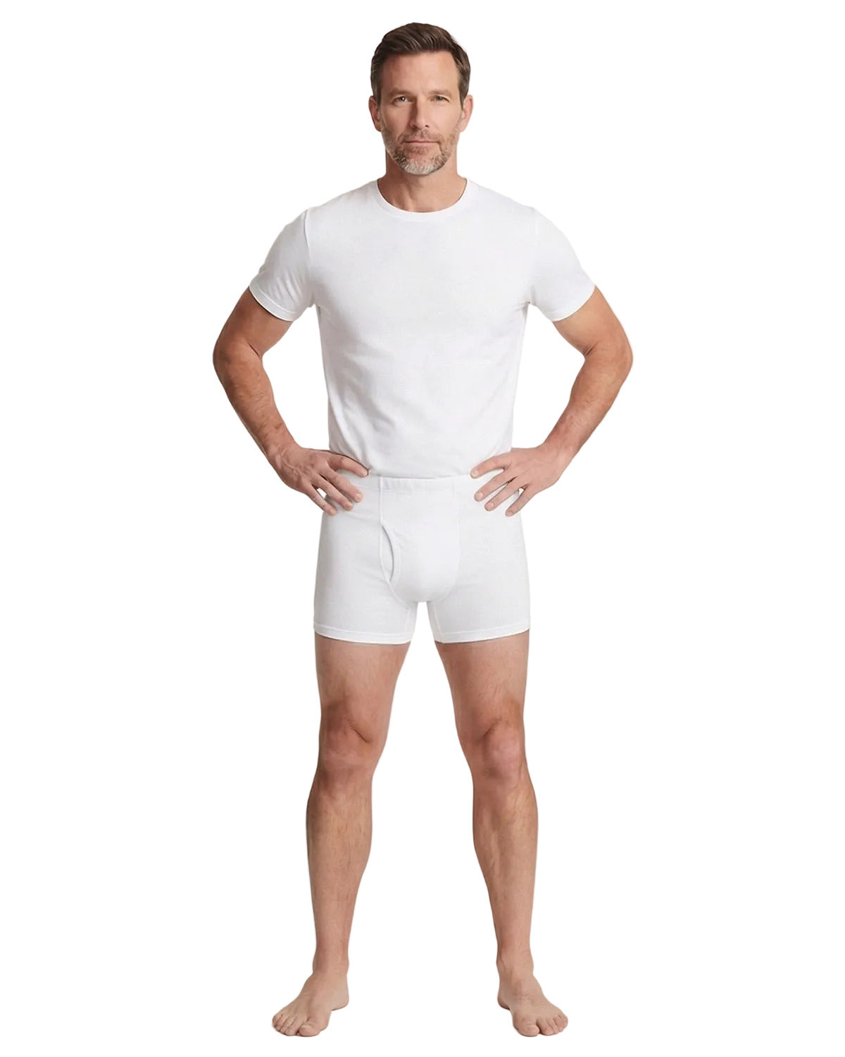 Man wearing a white t-shirt and boxer briefs on a plain background