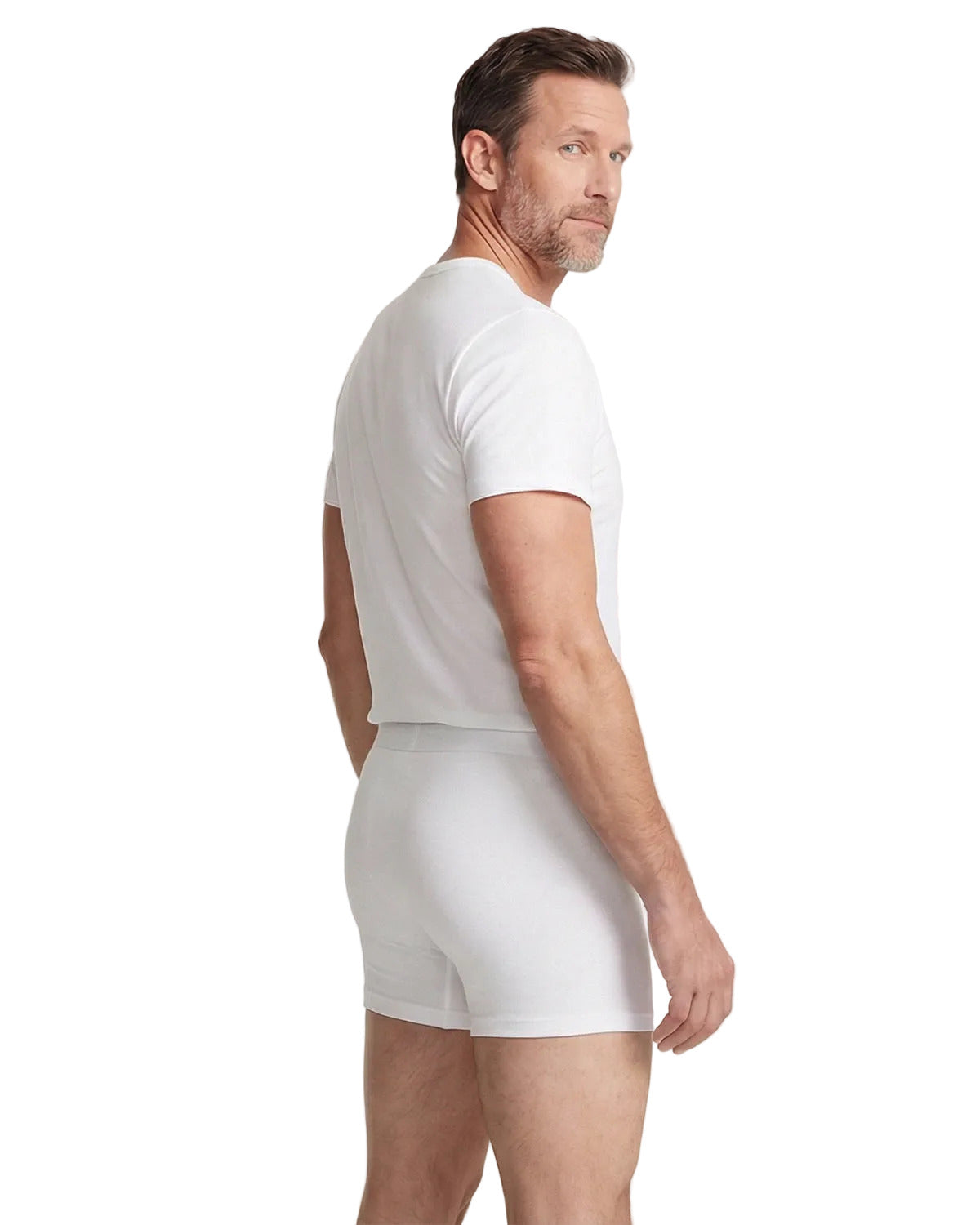 Man wearing a white t-shirt and shorts on a light gray background