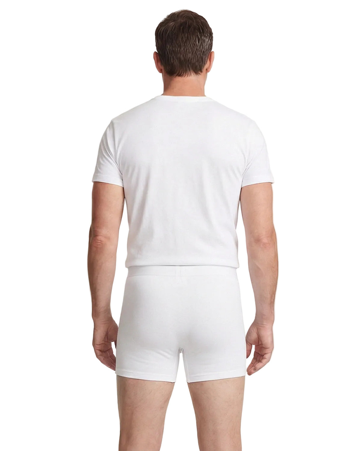 Man wearing a white t-shirt and shorts on a plain background