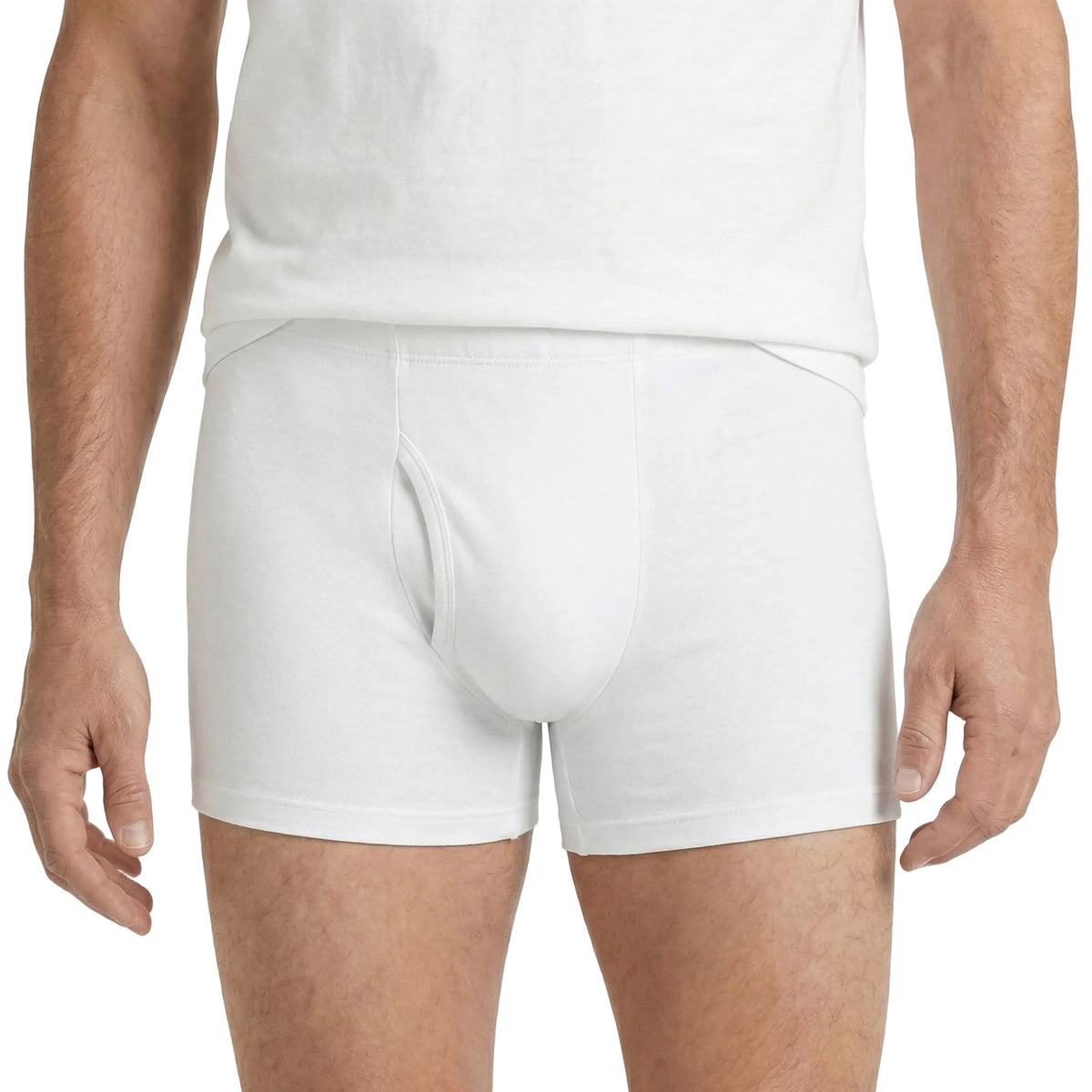 Person wearing white boxer briefs on a plain background