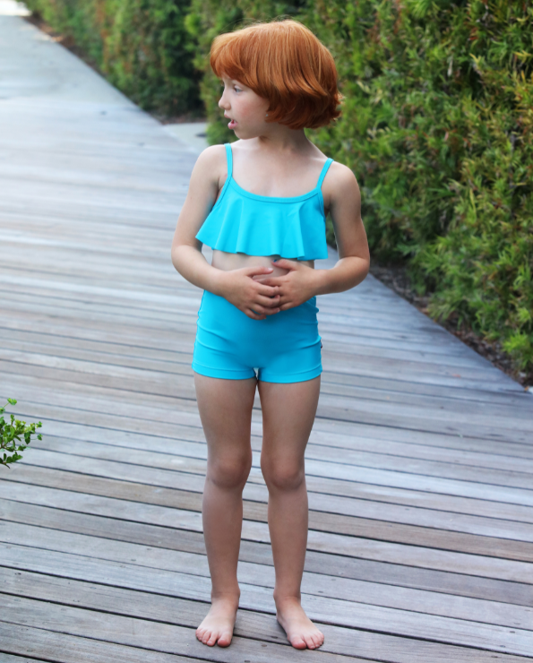 Girls UPF 50+ Swim Boy Shorts  | Turquoise w- White Stitch