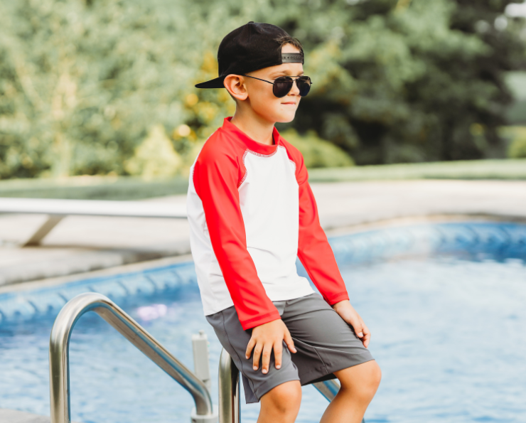 Boys UPF 50+ Color Block Solid Long Sleeve Rashguard | White with Red