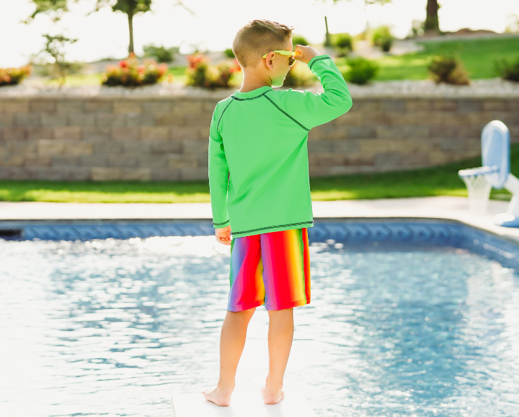 Boys UPF 50+ Recycled Polyester Soft Stretch Below the Knee Printed Swim Board Shorts  | Tie Dye Blue White Flowers