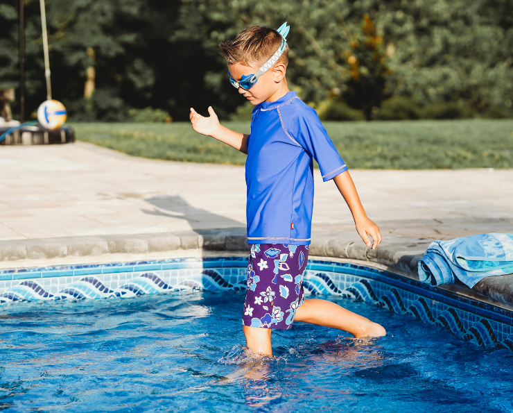 Boys UPF 50+ Recycled Polyester Soft Stretch Below the Knee Printed Swim Board Shorts  | Tie Dye Blue White Flowers