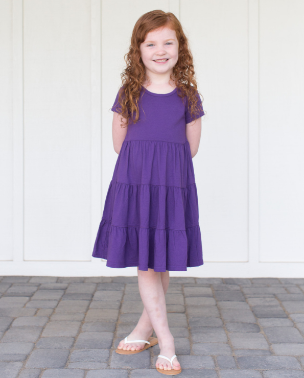 Girls Soft Cotton Jersey Short Sleeve Tiered Dress | Deep Purple