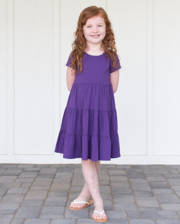 Girls Soft Cotton Jersey Short Sleeve Tiered Dress | Purple