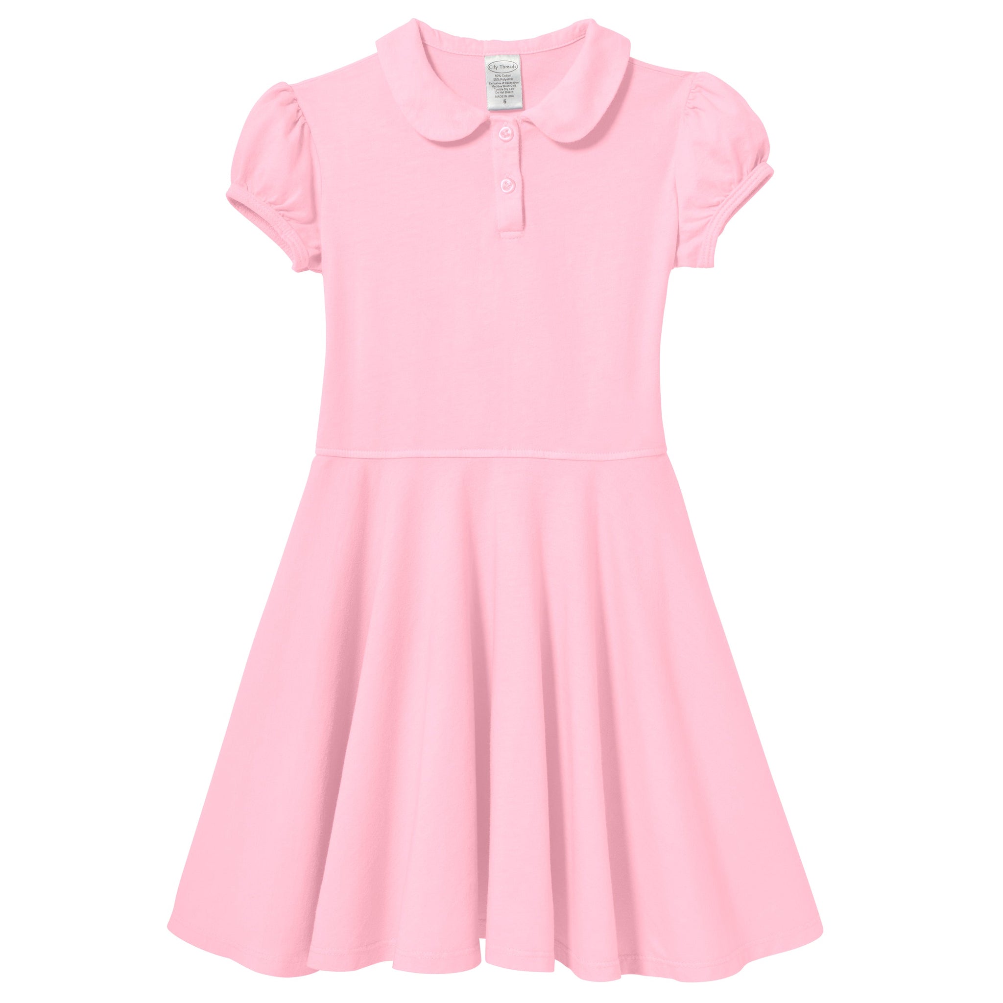Soft Cotton Jersey S/S Peter Pan Polo Twirly Dress, Bright Light Pink / 4Y | City Threads Soft Cotton Jersey S/S Peter Pan Polo Twirly Dress, Bright Light Pink / 4Y | City Threads