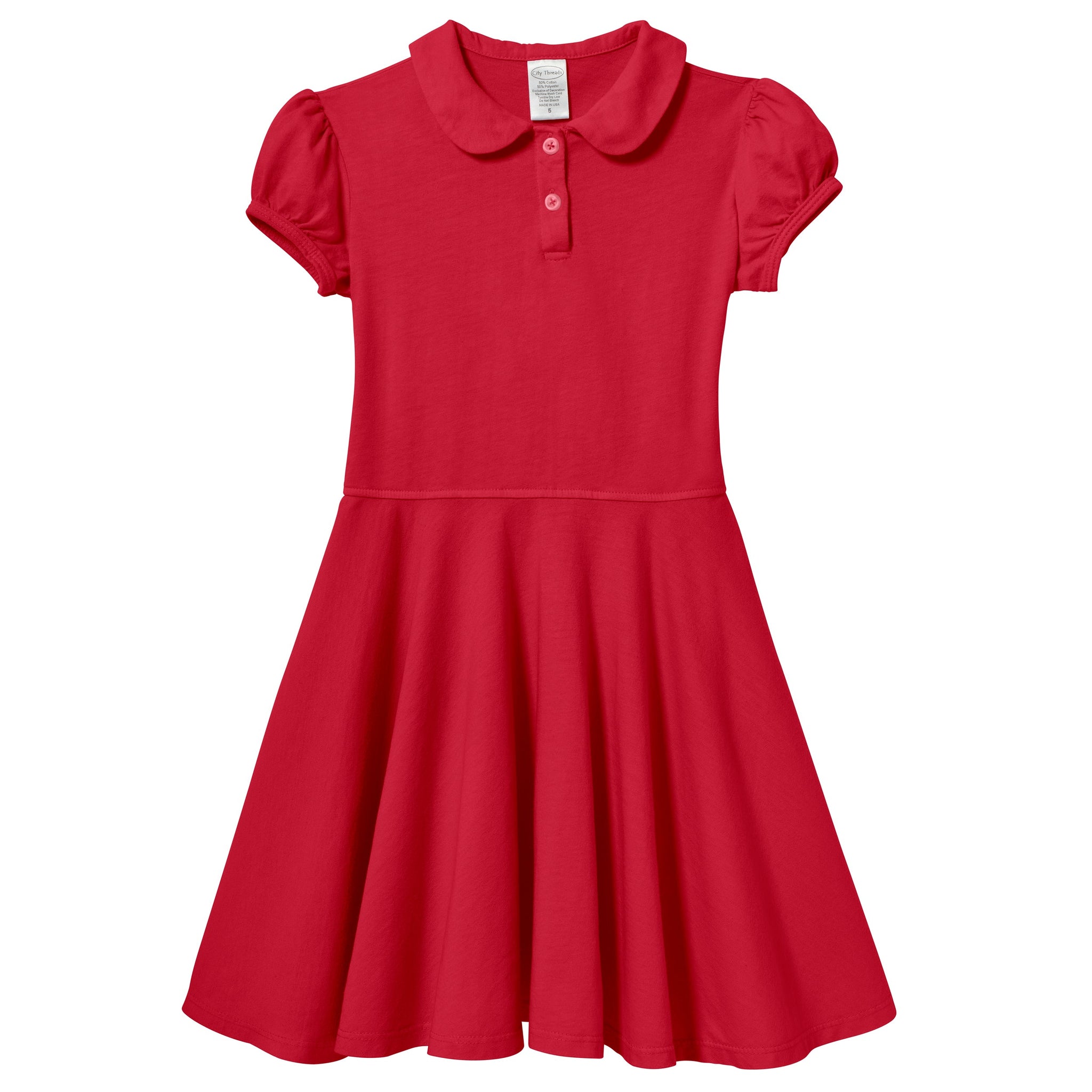 Soft Cotton Jersey S/S Peter Pan Polo Twirly Dress, Uniform Red / 10Y | City Threads Soft Cotton Jersey S/S Peter Pan Polo Twirly Dress, Uniform Red / 10Y | City Threads