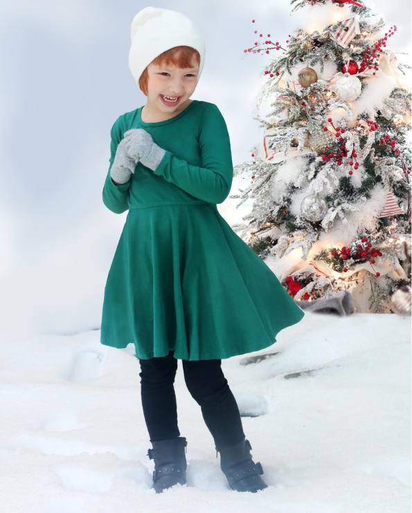 Girls Soft Cotton Jersey Long Sleeve Twirly Dress | Elf Green