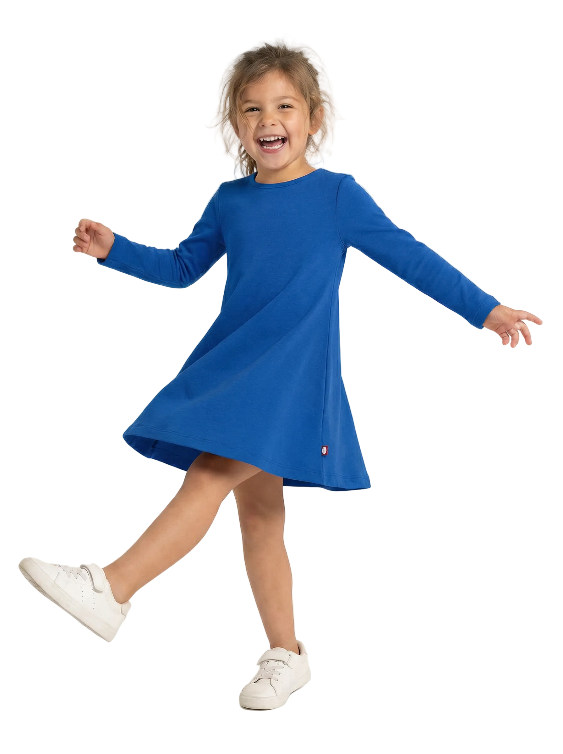 Girls Long Sleeve Baby Rib Cotton Dress | Crayon Blue - Super Comfy Kids Clothing, 100% Cotton, Sensory Friendly, USA Made