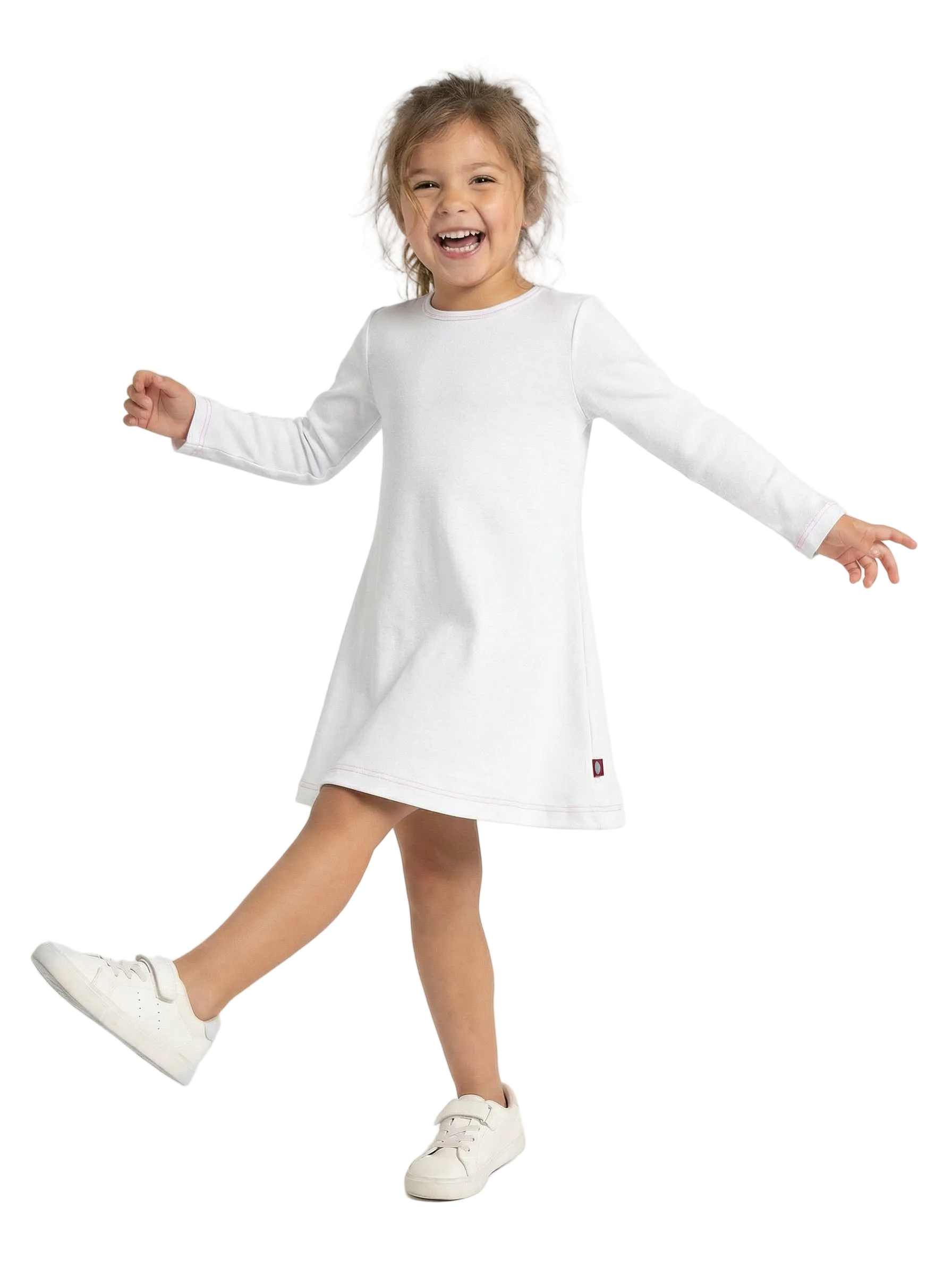 Girls Long Sleeve Baby Rib Cotton Dress | White - Super Comfy Kids Clothing, 100% Cotton, Sensory Friendly, USA Made