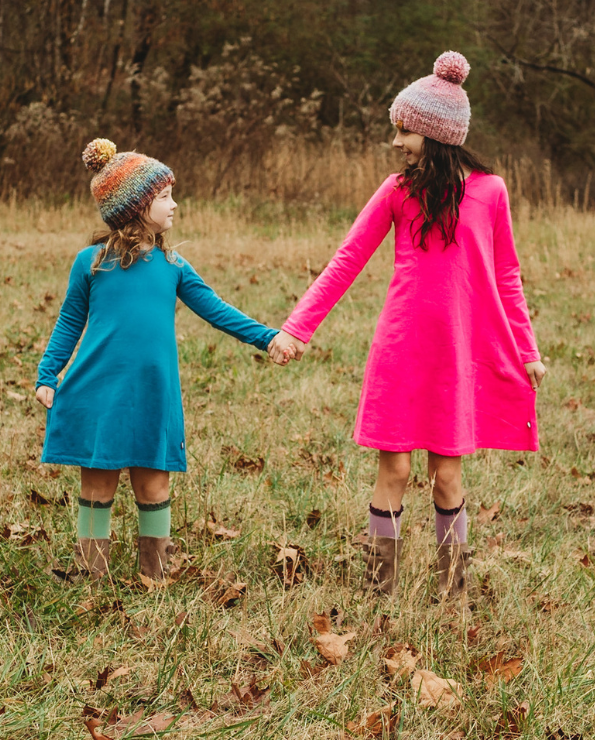 Girls Soft Cotton Long Sleeve Baby Rib Dress | Denim Blue