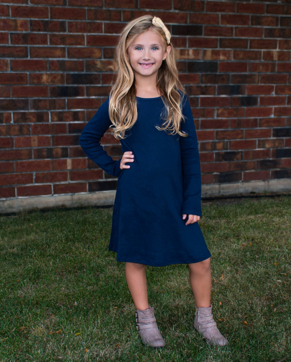 Girls Soft Cotton Long Sleeve Baby Rib Dress | Denim Blue