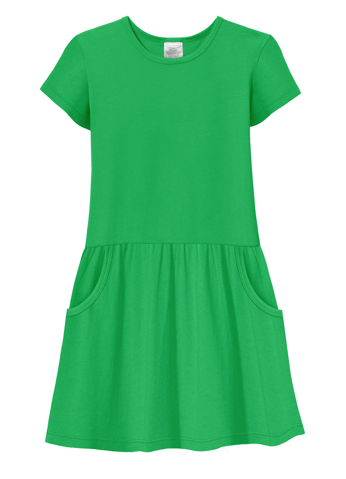 Girls Soft 100% Cotton Jersey Short Sleeve Drop Waist Pocket Dress
