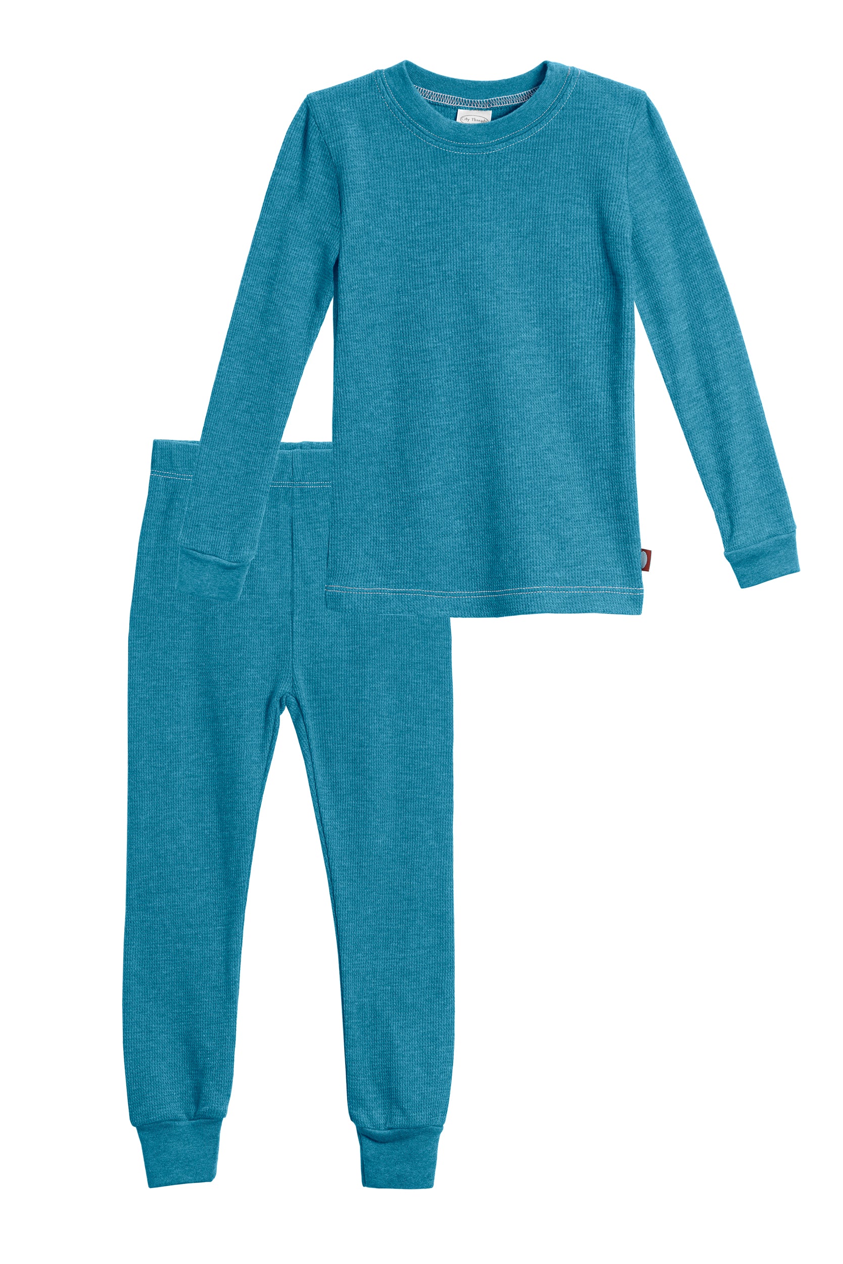 Girls Soft & Cozy Thermal 2-Piece Long Johns | Teal w- Light Pink Stitch