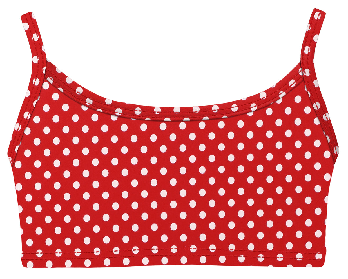 Girls UPF 50+ Printed Bikini Swim Top  | Red w- White Polka Dot