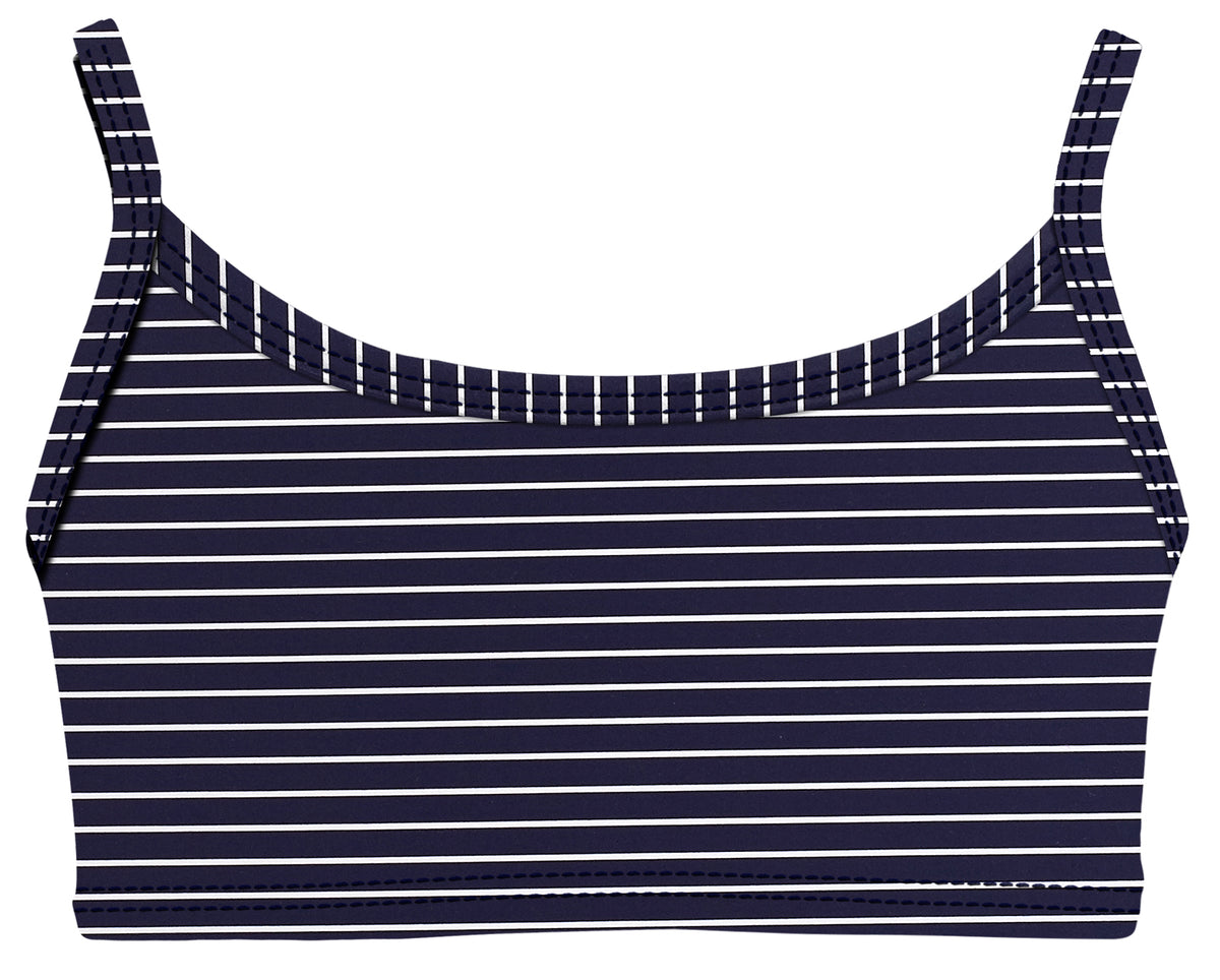 Girls UPF 50+ Printed Bikini Swim Top  | Marine Navy w- White Stripes
