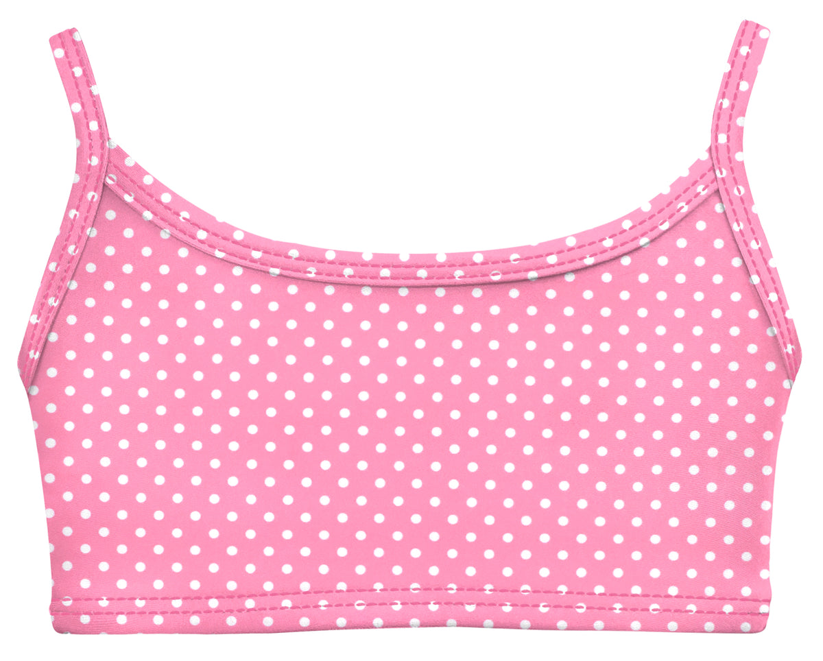 Girls UPF 50+ Printed Bikini Swim Top  | Pink w- White Polka Dot