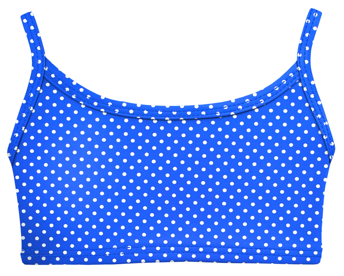 Girls UPF 50+ Printed Bikini Swim Top  | Sedona Blue w- White Polka Dot