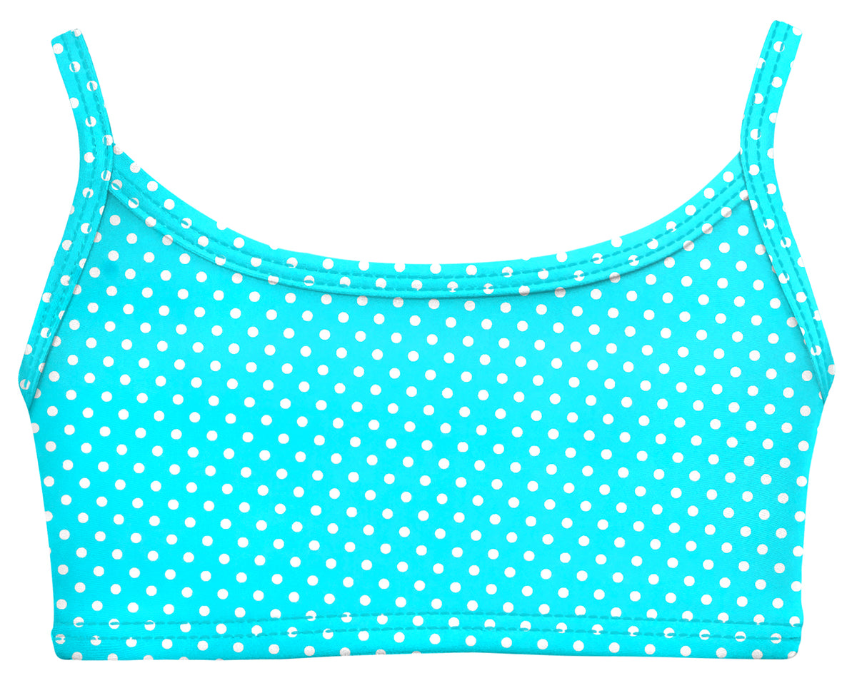 Girls UPF 50+ Printed Bikini Swim Top  | Turquoise w- White Polka Dot