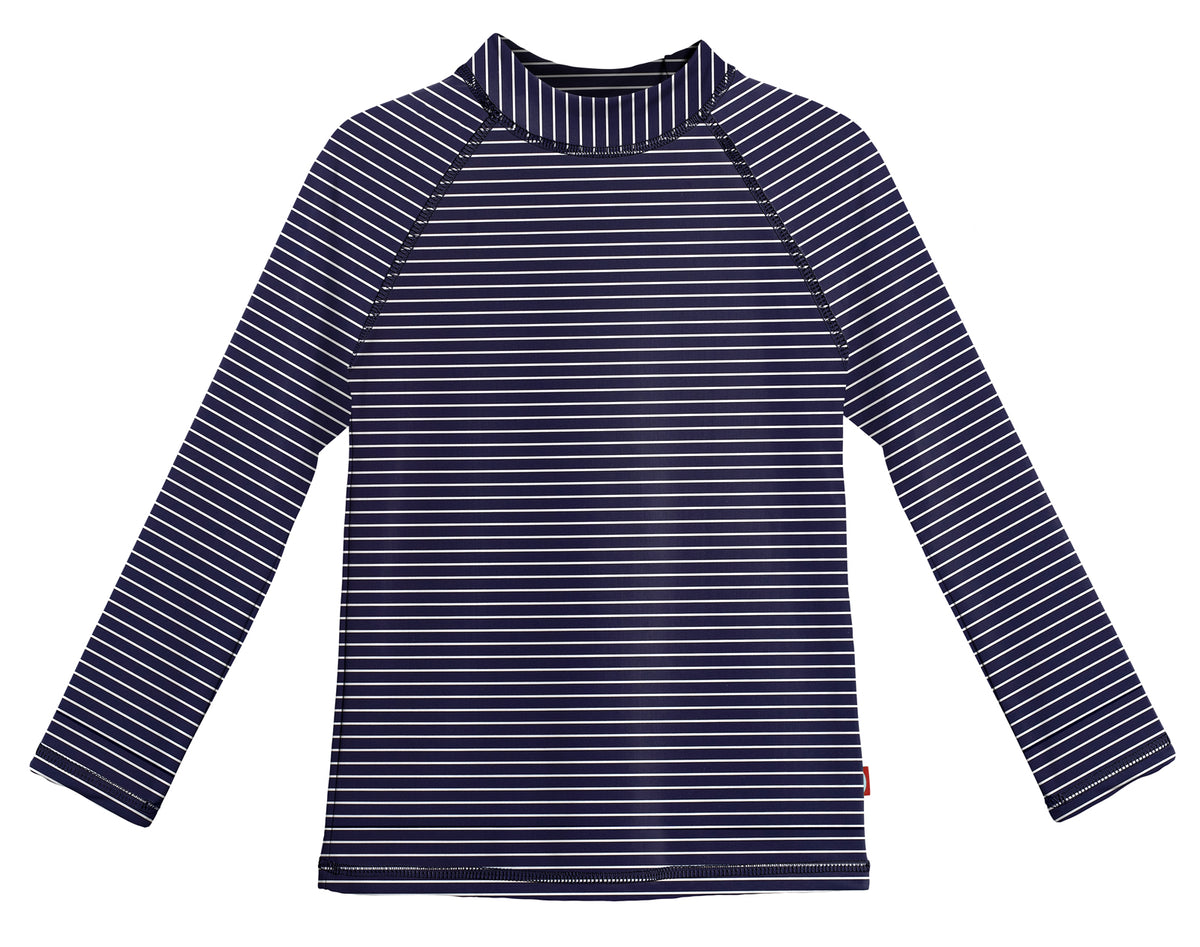 Girls UPF 50+ Printed Long Sleeve Rashguard | Marine Navy w- White Stripes