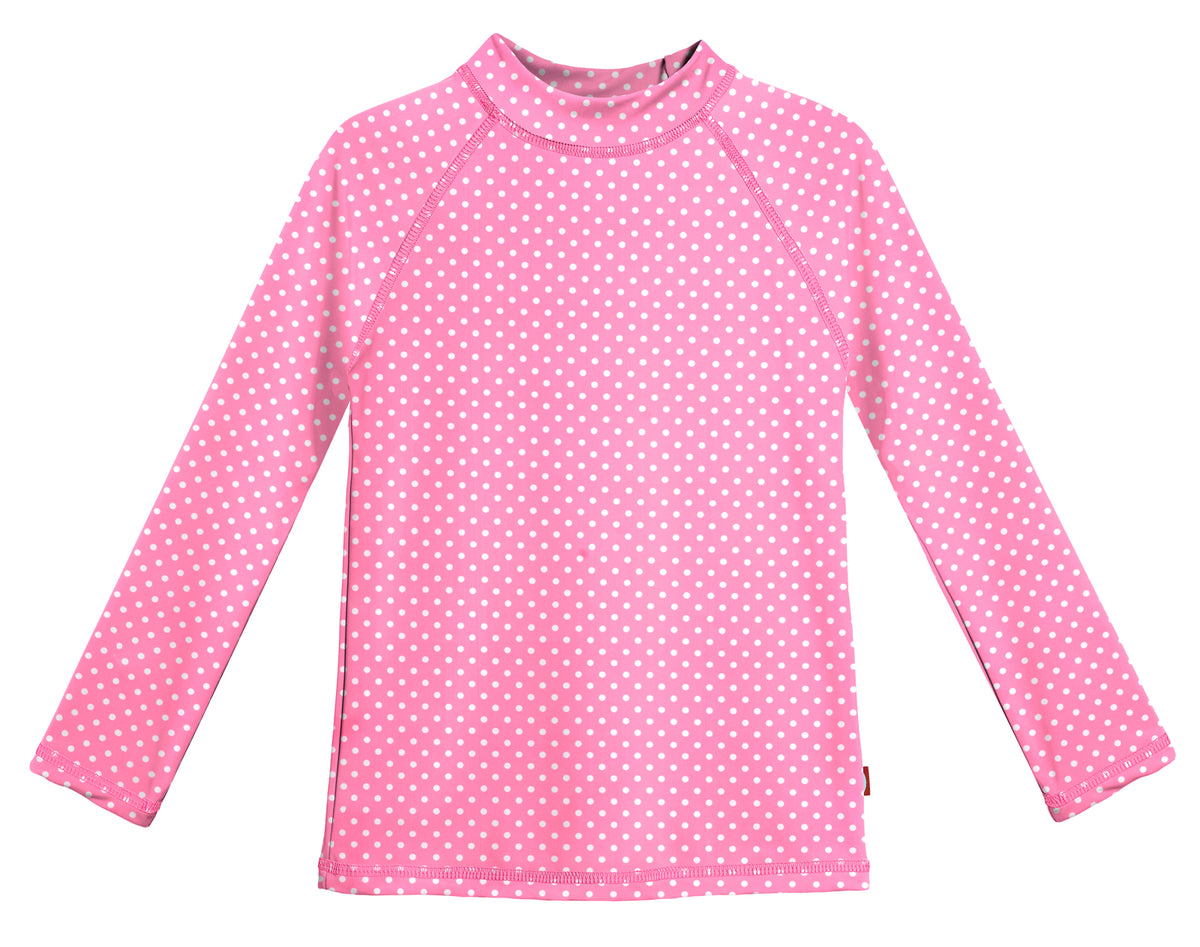 Girls UPF 50+ Printed Long Sleeve Rashguard | Pink w- White Polka Dot