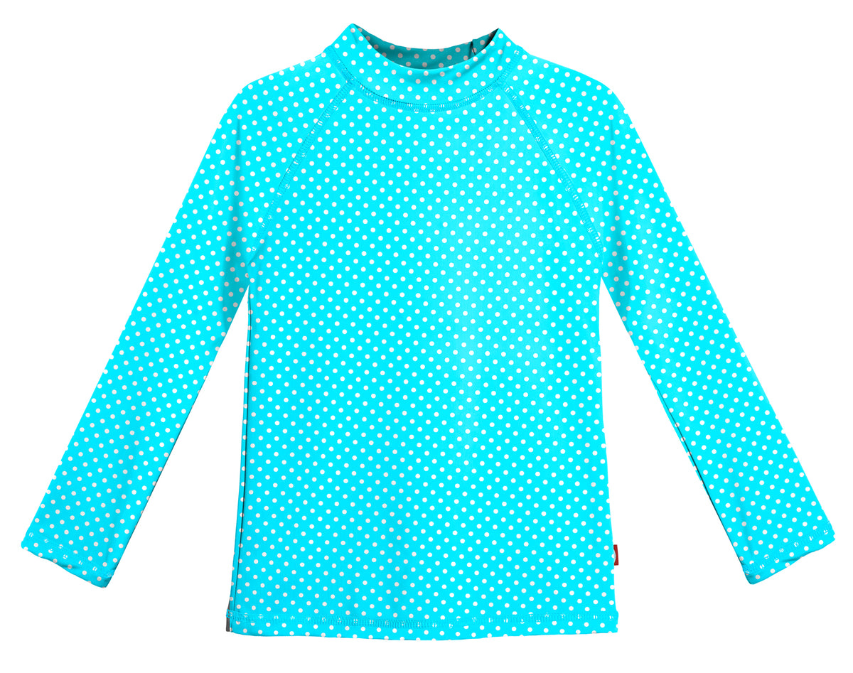 Girls UPF 50+ Printed Long Sleeve Rashguard | Turquoise w- White Polka Dot