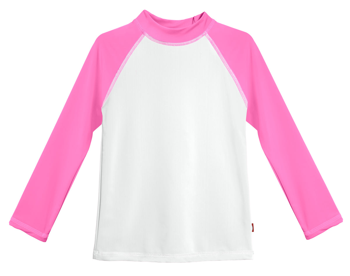 Girls UPF 50+ Color Block Long Sleeve Rashguard | White with Medium Pink