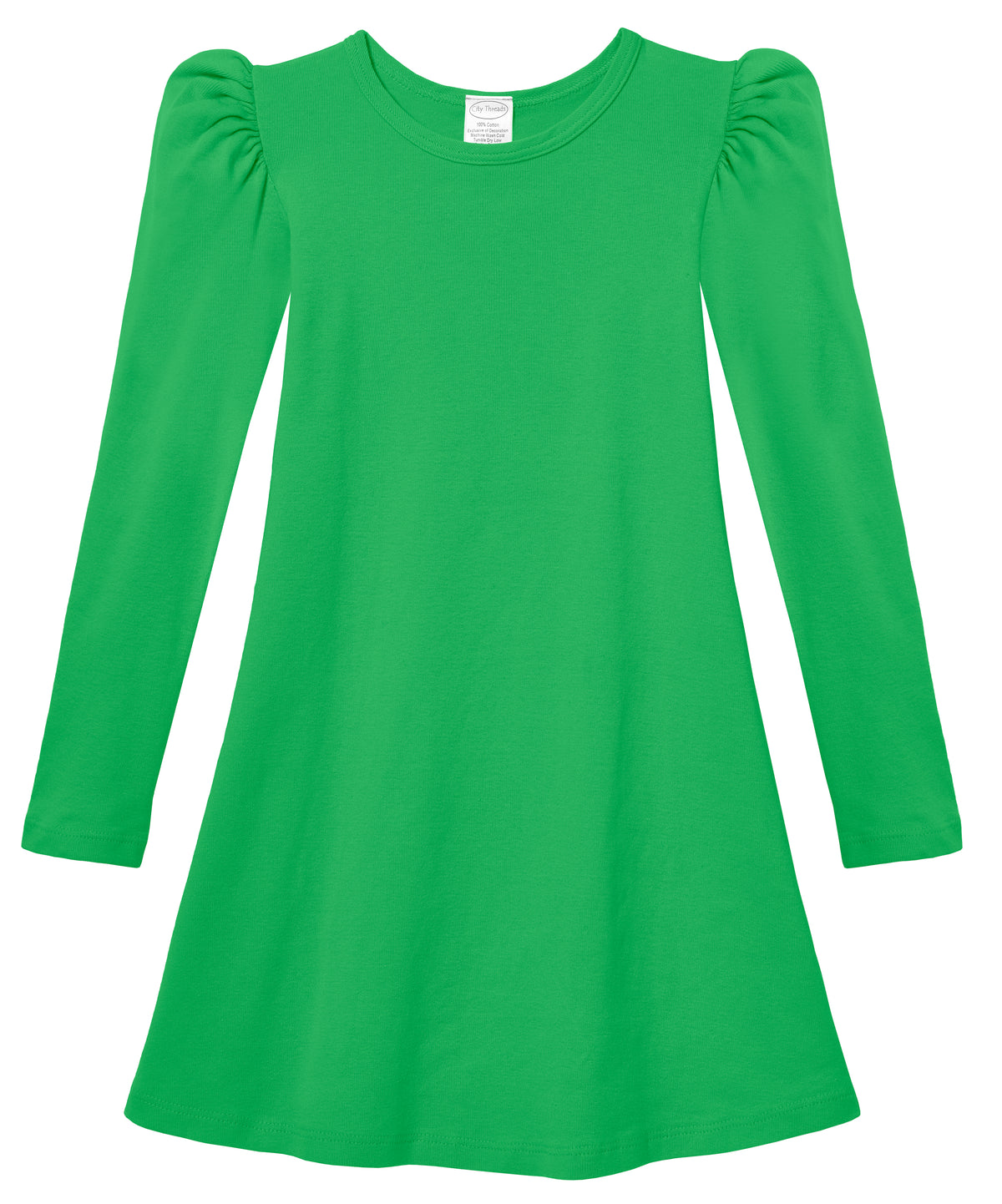 Girls Soft Cotton Puff Long Sleeve Dress | Elf Green