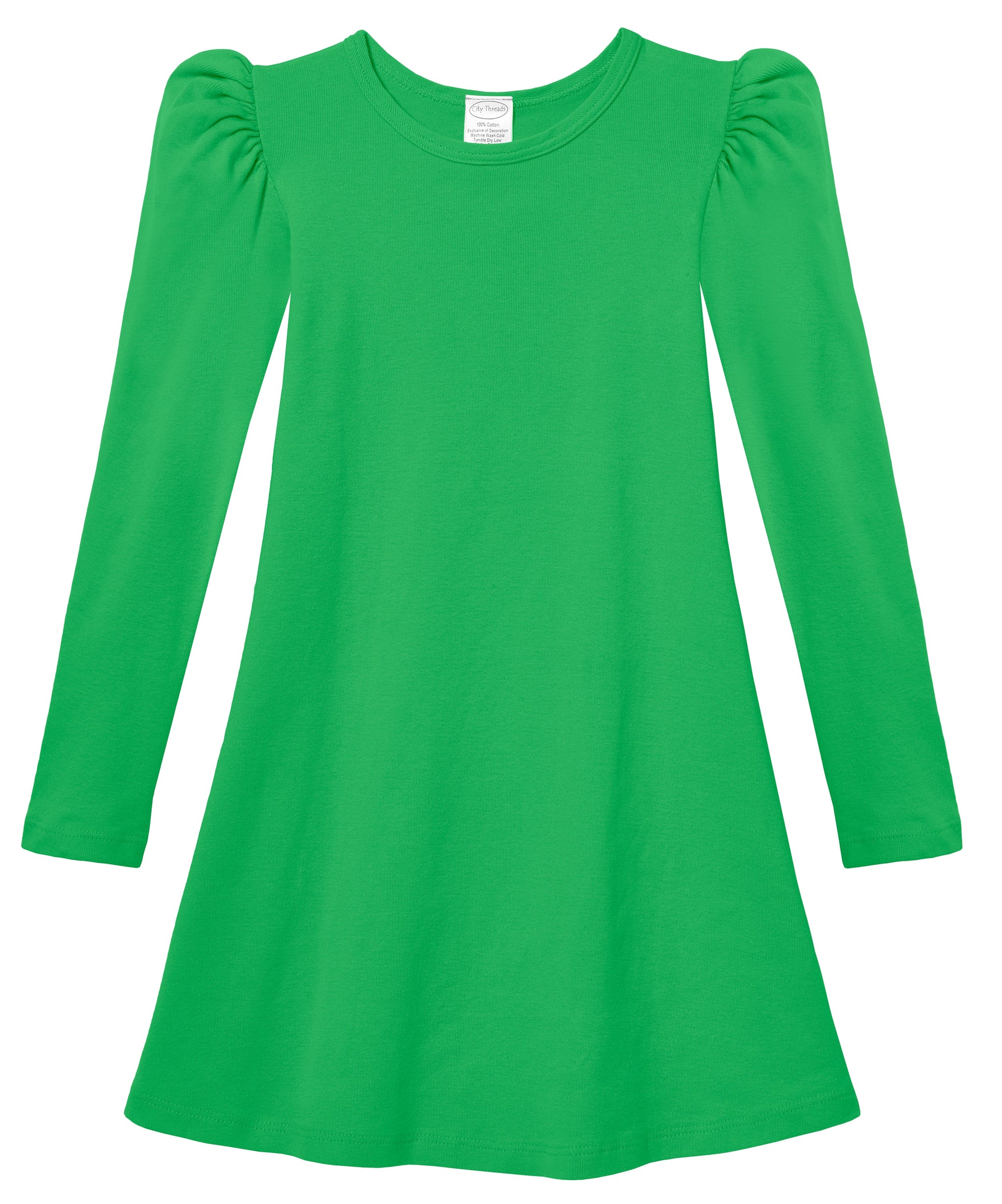 Girls Soft Cotton Puff Long Sleeve Dress | Elf Green, 4Y / Elf Green | City Threads Girls Soft Cotton Puff Long Sleeve Dress | Elf Green, 4Y / Elf Green | City Threads