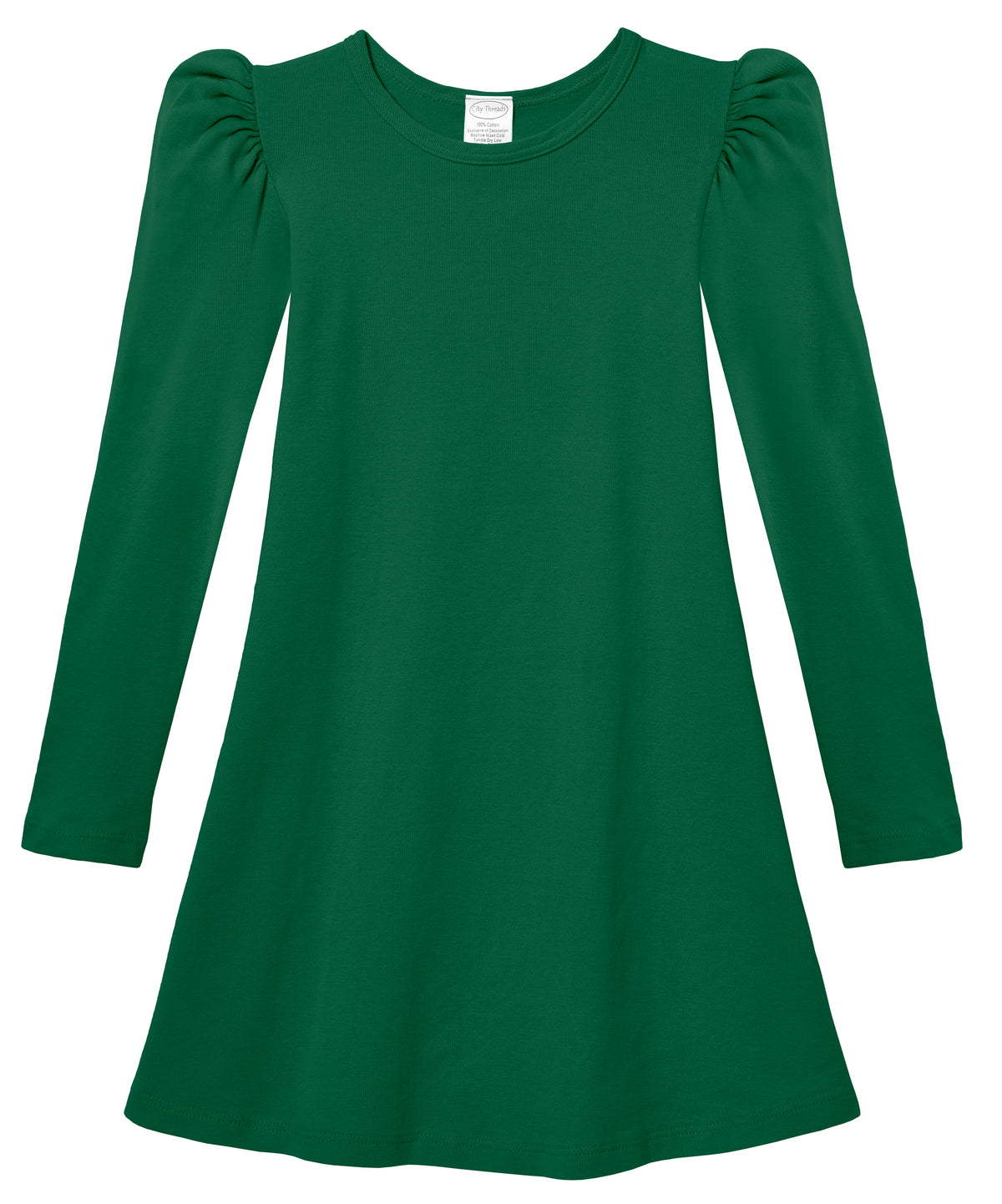Girls Soft Cotton Puff Long Sleeve Dress | Forest Green