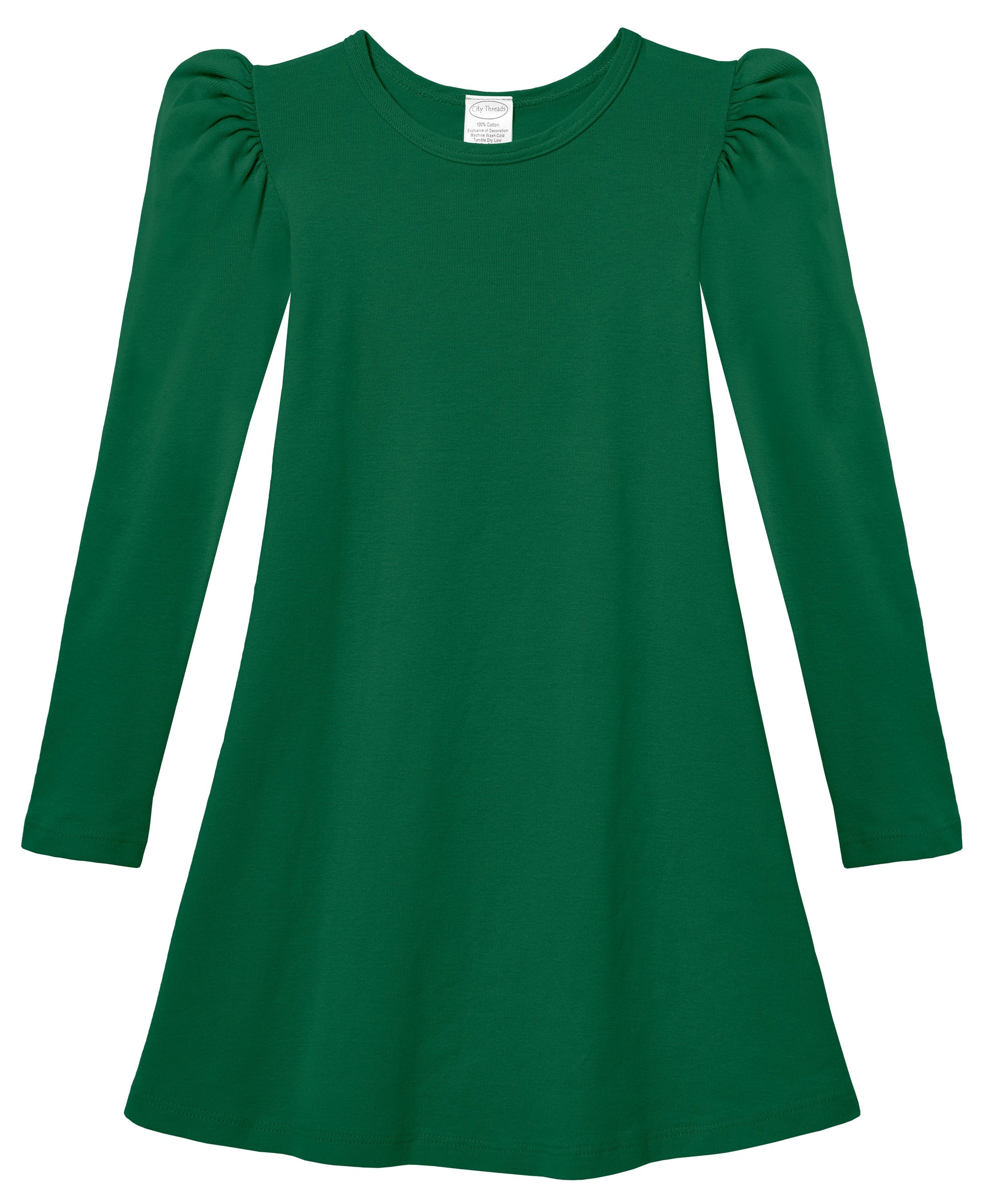 Girls Soft Cotton Puff Long Sleeve Dress | Forest Green - City Threads USA Girls Soft Cotton Puff Long Sleeve Dress | Forest Green - City Threads USA