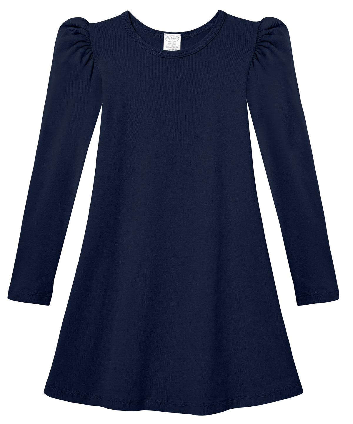 Girls Soft Cotton Puff Long Sleeve Dress | Navy