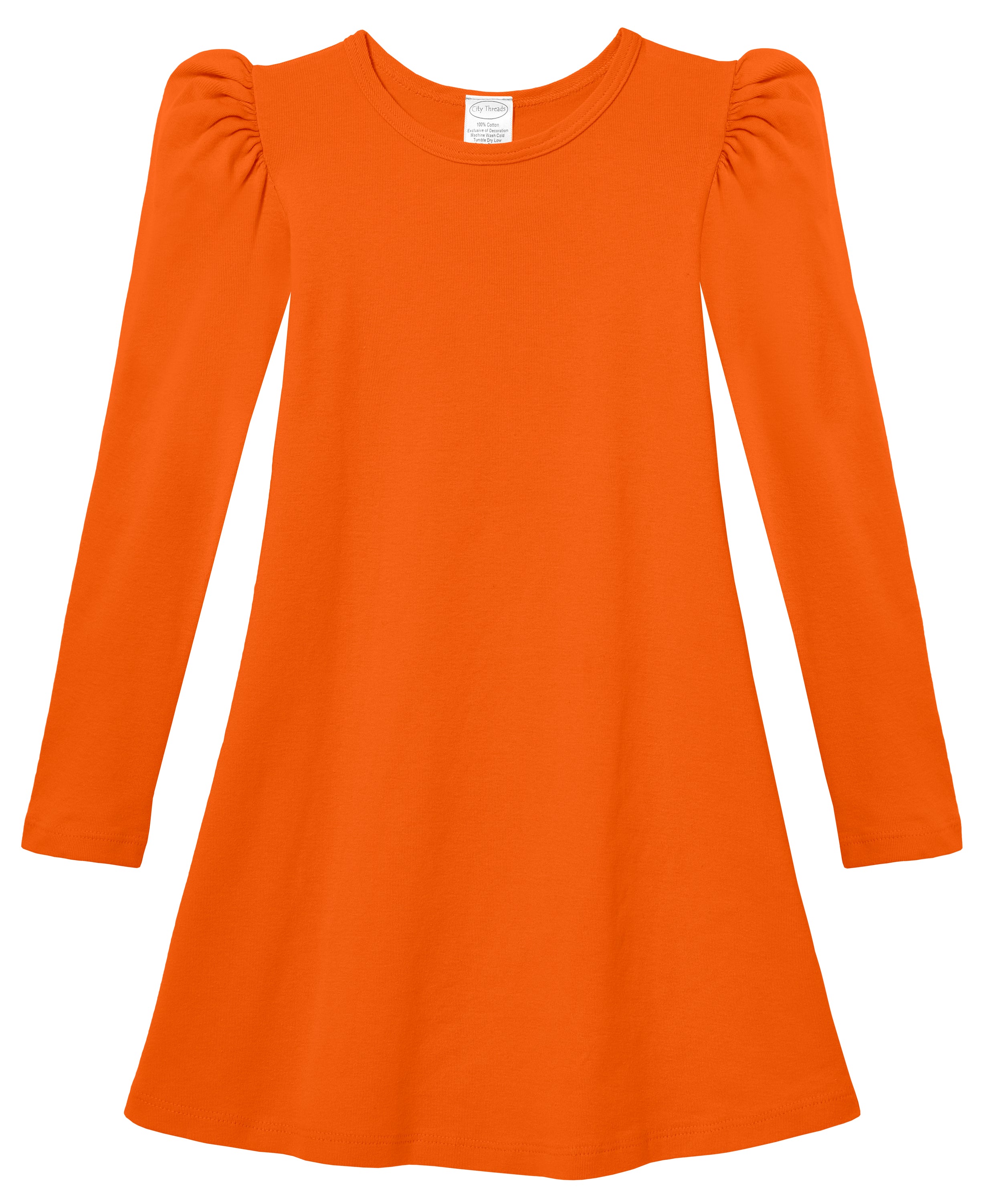 Girls Soft Cotton Puff Long Sleeve Dress | Orange
