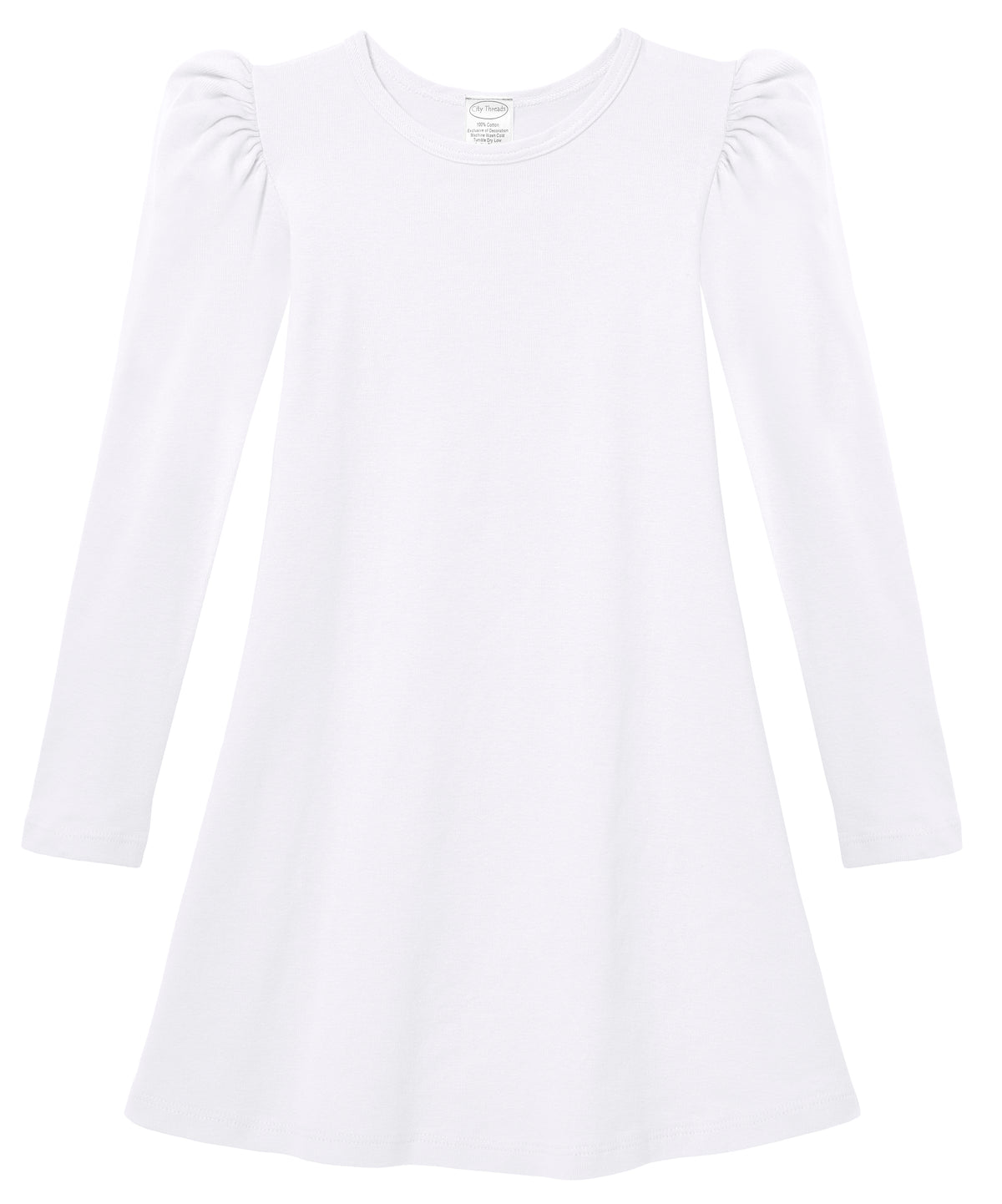 Girls Soft Cotton Puff Long Sleeve Dress | White