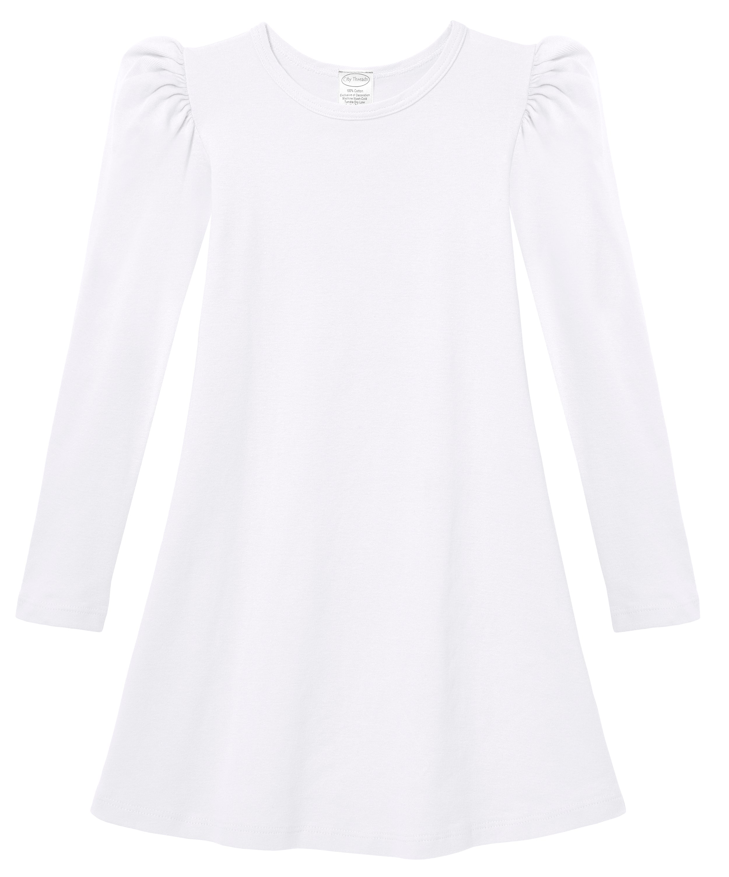 Girls Soft Cotton Puff Long Sleeve Dress | White, 2T / White | City Threads Girls Soft Cotton Puff Long Sleeve Dress | White, 2T / White | City Threads