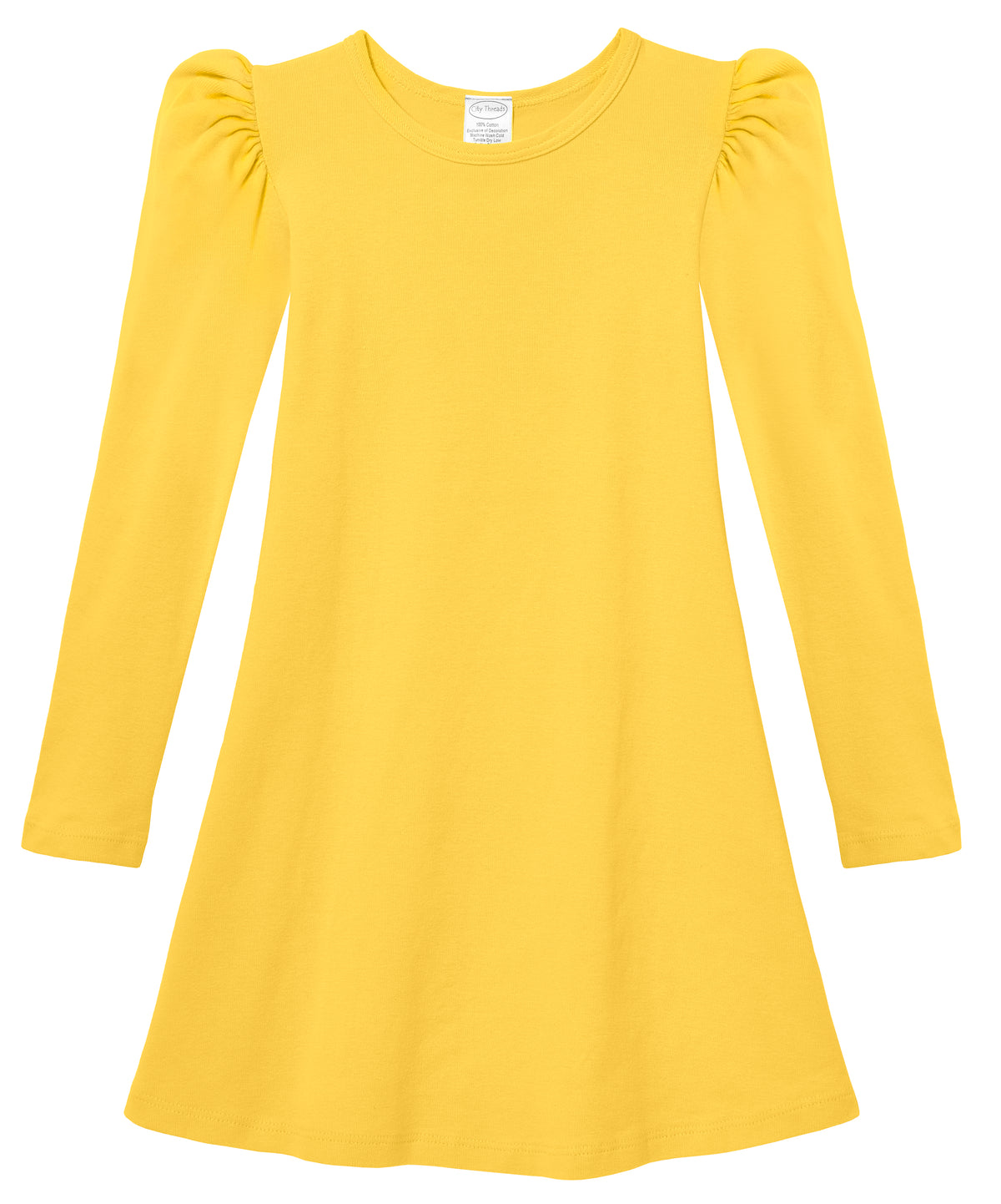 Girls Soft Cotton Puff Long Sleeve Dress | Yellow